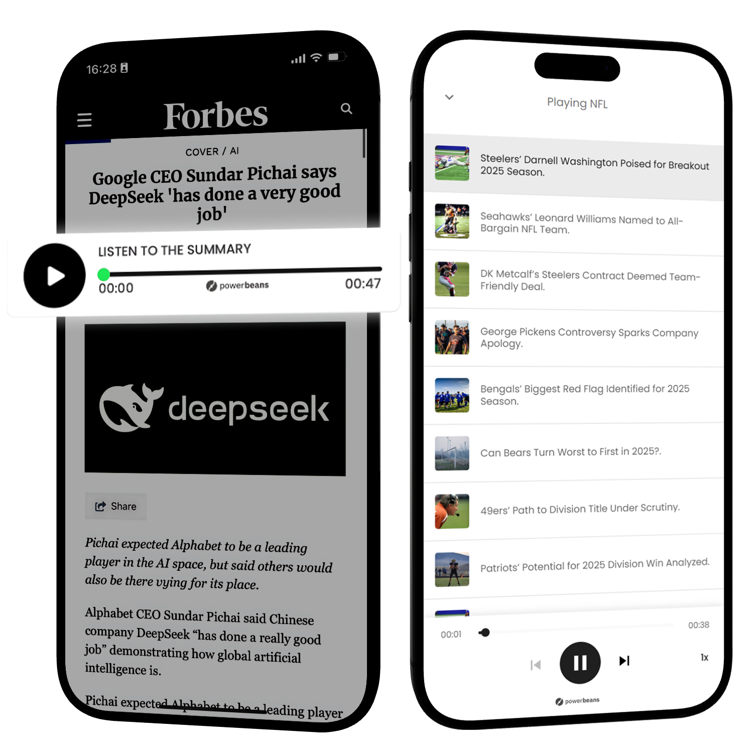 Dos productos de texto a voz de Powerbeans: el Audio Player en un artículo de Forbes y la Playlist con noticias de la NFL